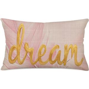 Fukeen Inspirational Words Dream Throw Pillow Cases Pink Watercolor Paint with Golden Letters Pillows Cushion Cover Cotton Linen Rectangular 12x20 Inch Personalized Waist Pillowcase Home Couch Decor