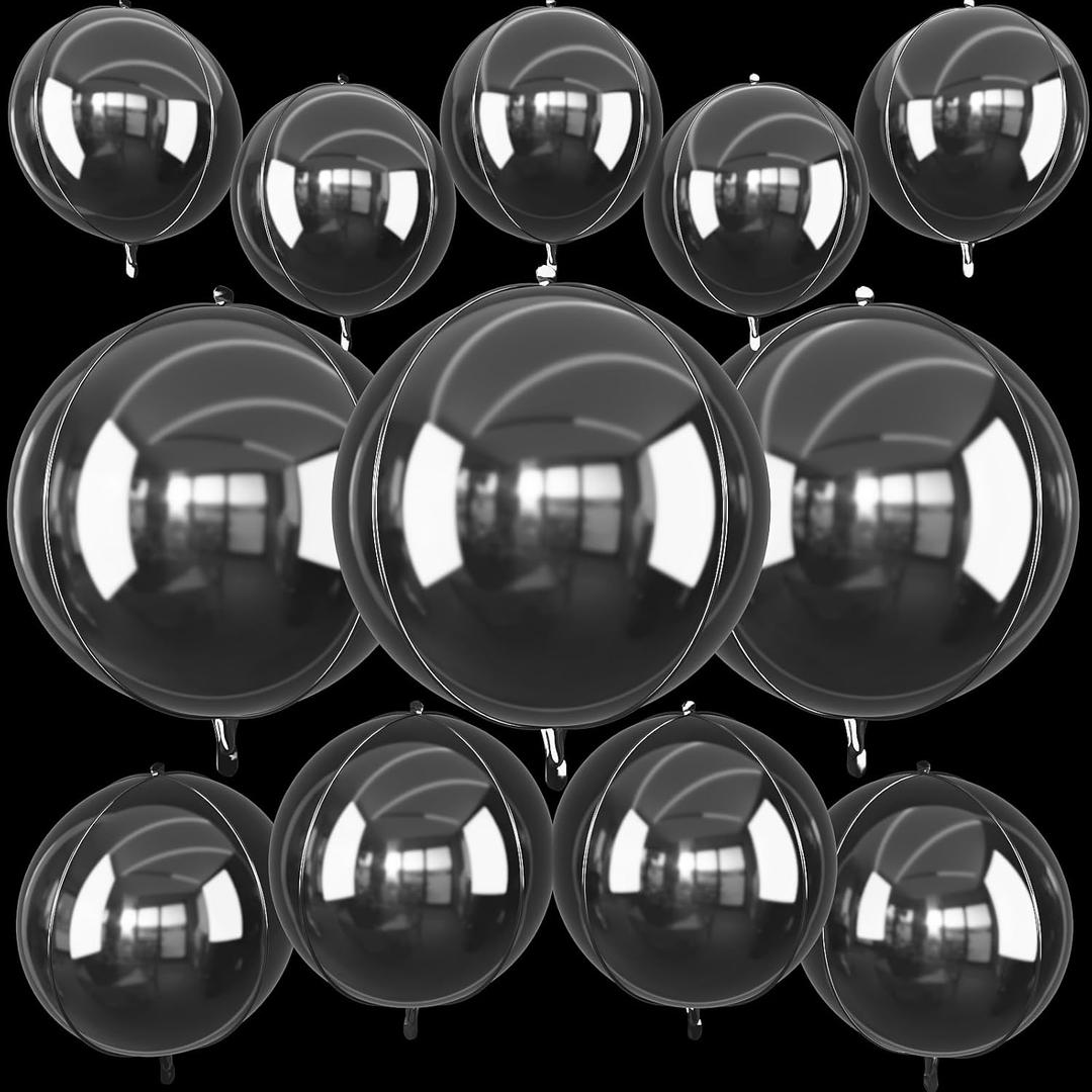 12Pcs Clear Round Foil Balloons, 22" 15" 10" 4D Helium Transparent Balloon, Clear Bubble Foil Balloon for Birthday Baby Shower Christmas Wedding Anniversary Disco Prom Bobo Party Decorations