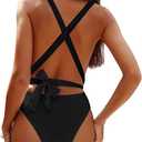 Lilosy Sexy Tie Criss Cross Plunge One Piece Thong Swimsuit High Cut Brazilian Bathing Suit (Black, M)
