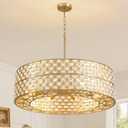 30inch Gold Crystal Chandelier, 2-Tier Round Drum Brass Chandeliers Modern Luxury, 8-Light Splicing Crystal Pendant Ceiling Light Fixture for Dining Living Room Foyer Kitchen Entryway