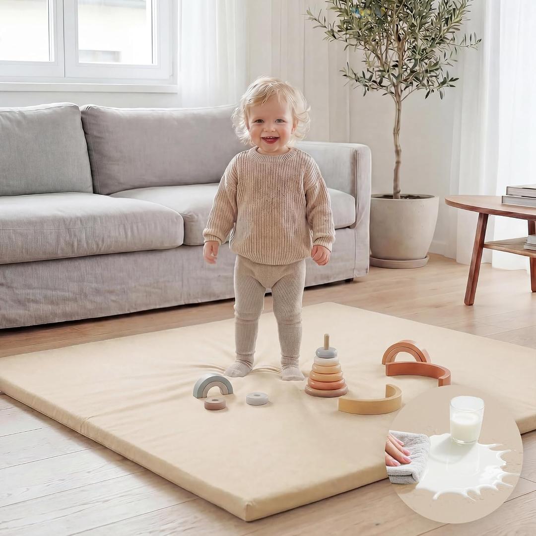 Huloo Sleep Baby Play Mat 50x50 Inches,1.3" Thick Padded Waterproof Floor Cushion & Playpen Mat with Vegan Leather,Non-Slip & Non-Toxic Nursery Rug for Infants, Toddlers & Kids(Beige)