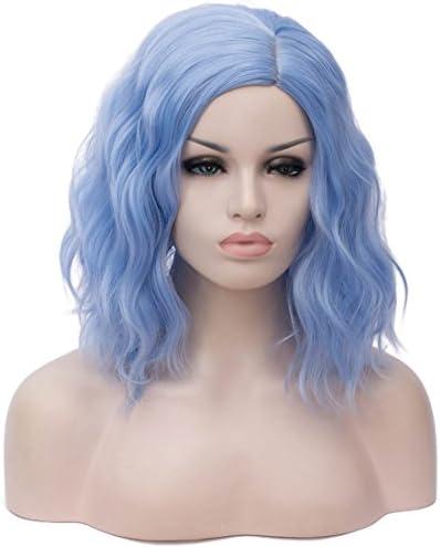 BUFASHION 14" Women Short Light Blue Wavy Curly Bob Wig Heat Resistant Synthetic Wig Halloween Cosplay Daily Party Wigs Include Wig Cap (Light Blue)