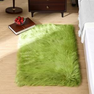 Goolela Lime Green Fluffy Fuzzy Fur Rug for Bedroom 2x3 Faux Sheepskin Area Rug Furry Shaggy Dorm Bedside Soft Washable Rectangle