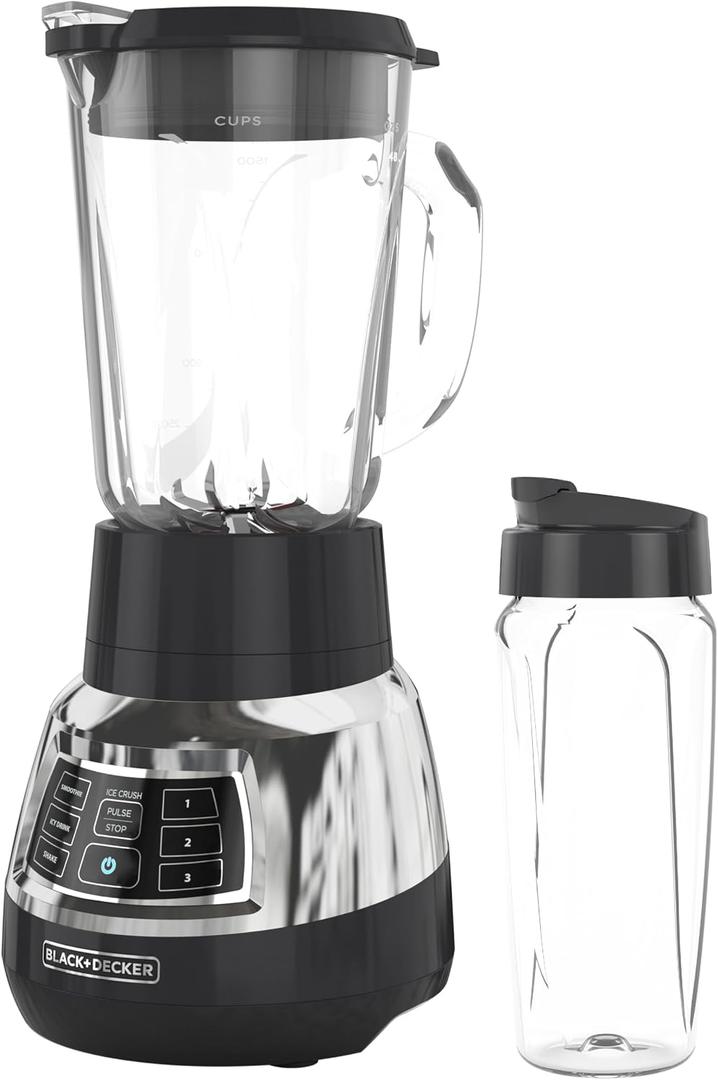 Black+Decker Quiet Blender with 6-Cup Cyclone Glass Jar, 3 Speeds + 3 Functions & Serrated Blade Technology for Faster Blending, Pulse Button and 24-oz Personal Jar, 900W