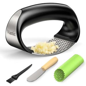 Vantic Garlic Press Rocker - Stainless Steel Garlic Crusher, Mincer and Chopper with Peeler & Scraper, Easy Kitchen Gadget for Effortless Smashing (Green)