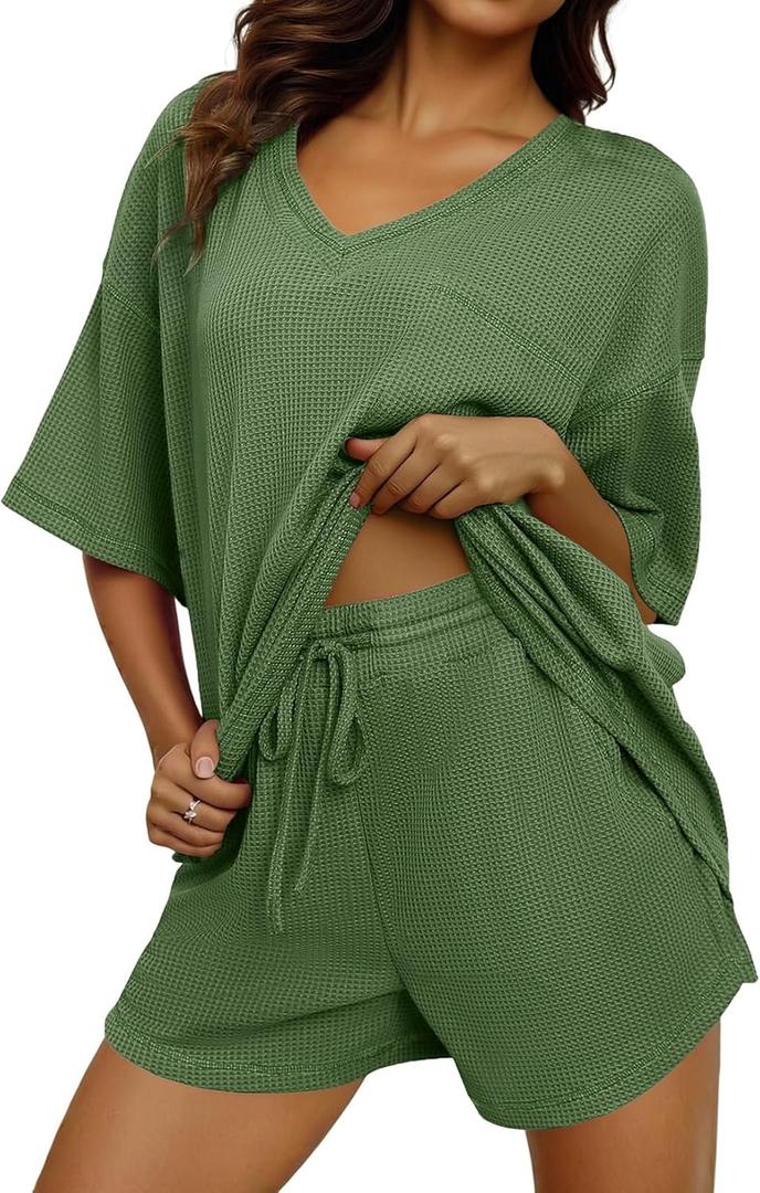 Dokotoo Women's 2 Piece Loungewear Sets Casual Short Sleeve Womens Tops Drawstring Shorts Pants Waffle Knit Sets (Medium, Fern Green)