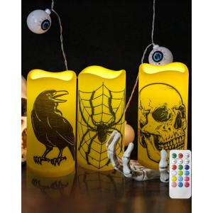 Halloween Flameless Pillar Candles with 18key Timer Remote Control for Halloween Home Decor Set of 3