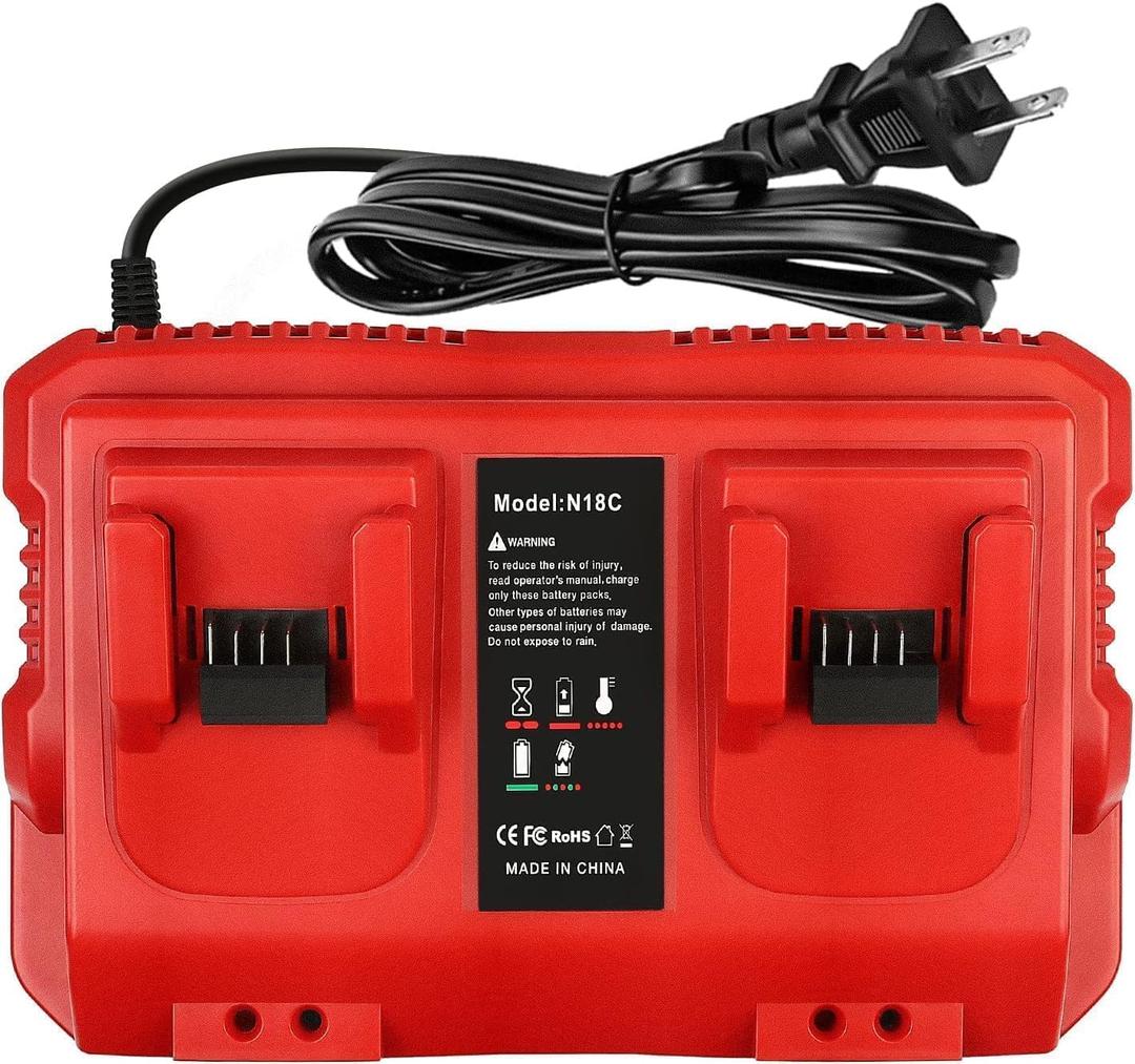 Fast Charger Replacement for Milwaukee M18 Battery Charger Station  Dual Slot Charging Base Compatible with 18V Batteries, 48-11-1830, 48-11-1850, 48-11-1860, Smart LED Indicator (Red)