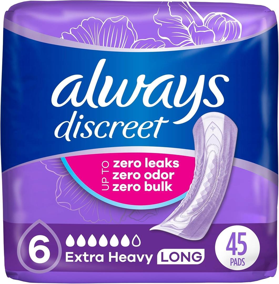 Always Discreet Adult Incontinence Pads for Women, Extra Heavy Absorbency, Long Length, Postpartum Pads, 45 Count (Packaging May Vary)
