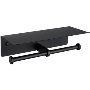 Toilet Paper Holder with Phone Shelf, APLusee SUS 304 Stainless Steel Bathroom Tissue Holder, Double Roll Paper Dispenser Wall Mounted, Matte Black