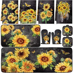 Fourluoo 10 Pcs Vintage Sunflower Kitchen Dish Towels Rugs Oven Mitts and Pot Holders Set Farmhouse Kitchen Decor Set for Women Mom Daughter Gift Cooking Baking Grilling(Vintage Gray)