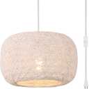 Plug in Pendant Light with Woven Rattan Lampshade, 12 Boho Hanging Lamp with 15FT Cord & On/Off Switch, E26 Socket, Ceiling Hook Installation for Bedroom Living Room Dining Nook Apartment