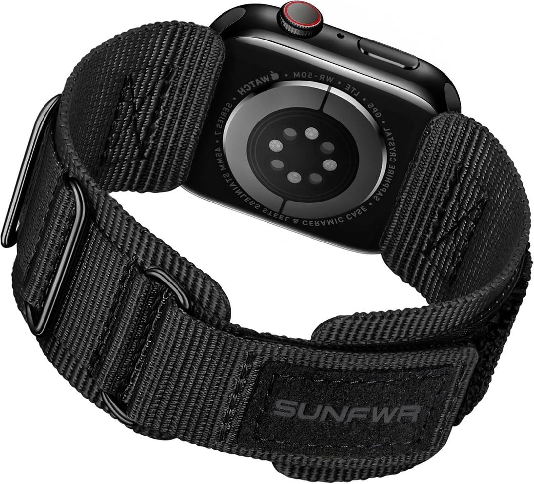 SUNFWR Rugged Nylon Band for Apple Watch Ultra 3&2&1 49mm 46mm 45mm 44mm 42mm Men, Velcro Tactical Military Strap for iWatch Series 11/10/9/8/7/6/5/4/3/2/1/SE (BlackTags/Black)