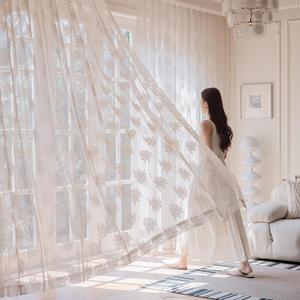 Ivory Lace Curtains 84 Inches Long Vintage Rose with Scalloped Edges Semi Sheer Embroidered Curtains for Living Room, Bedroom Cream Lace Window Sheer Drapes with Rod Pocket, 57"W x 84"L, 2 Panels