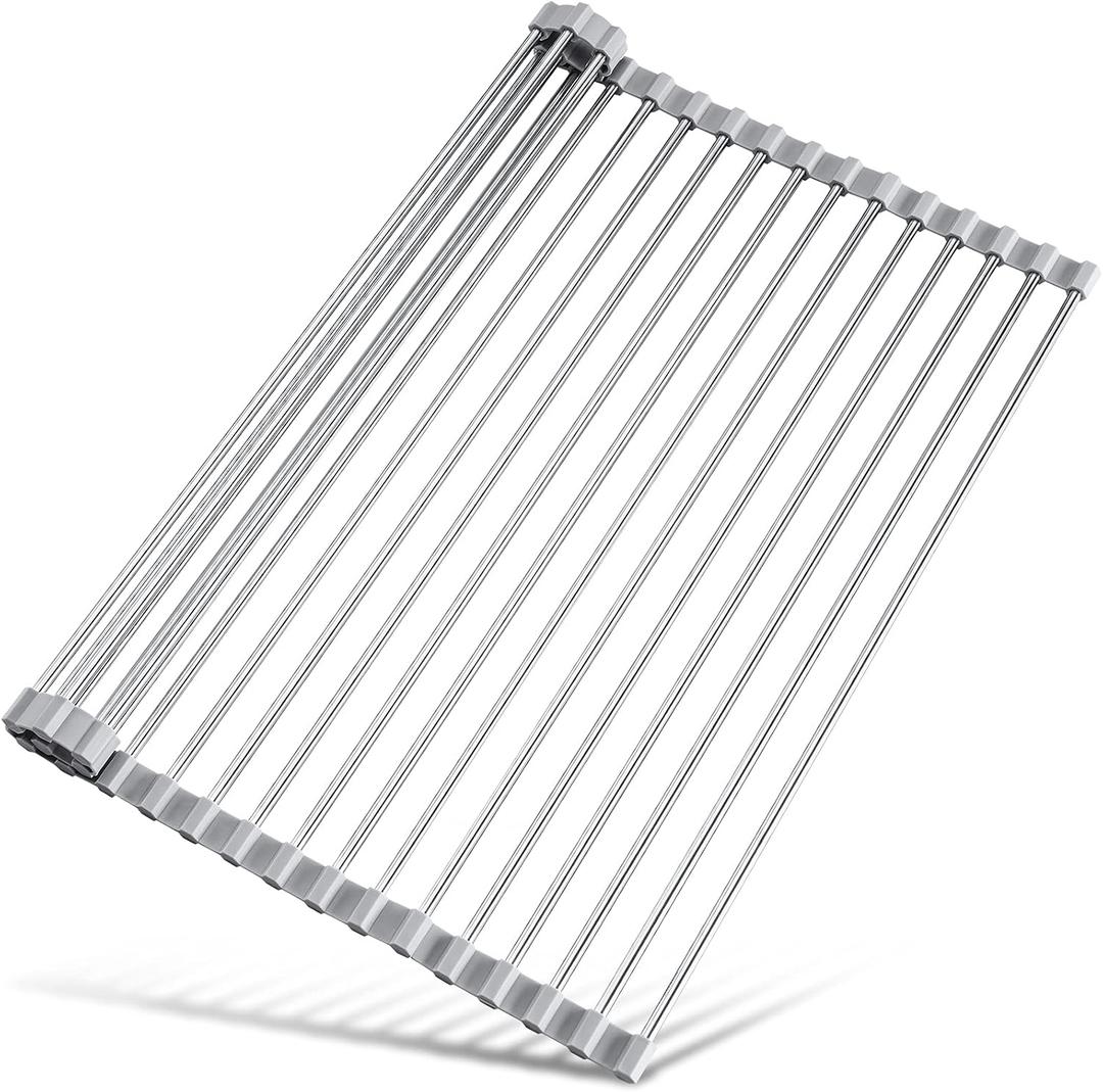 Tomorotec 21" x 15.5" Roll Up Dish Drying Rack Over Sink Drying Rack Sink Cover Kitchen Sink Accessories Gadget Multipurpose Organizer Foldable Stainless Steel Drainer