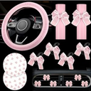 15 Pcs Pink Car Accessories Set for Women Bow Car Accessories Set Pink Leather Steering Wheel Cover Universal Fit 15 Inch Seat Belt Cover Bow Hook Pink Bow Car Coaster Bow Air Vent Clip
