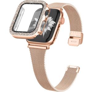 Joyozy Slim Stainless Steel Band Compatible with Apple Watch 38mm 40mm 41mm 42mm 44mm 45mm 46mm Milanese Strap with Bling Glitter Case and Screen Protector, Dressy Bracelet Band for Women (Rose gold 40mm)