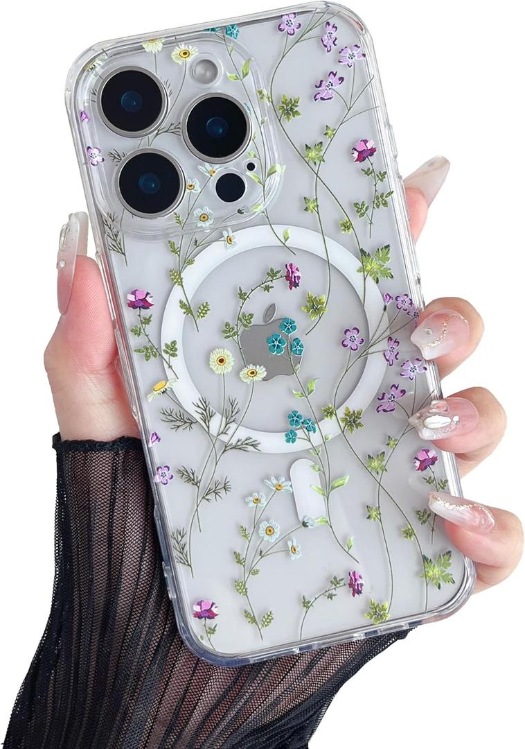 RALEAVO for iPhone 16 Pro Case Compatible with MagSafe Clear Floral Cover with Flower Branch Pattern for Girls Women Slim Cute Hard Back Shockproof Phone Case for iPhone 16 Pro,Transparent