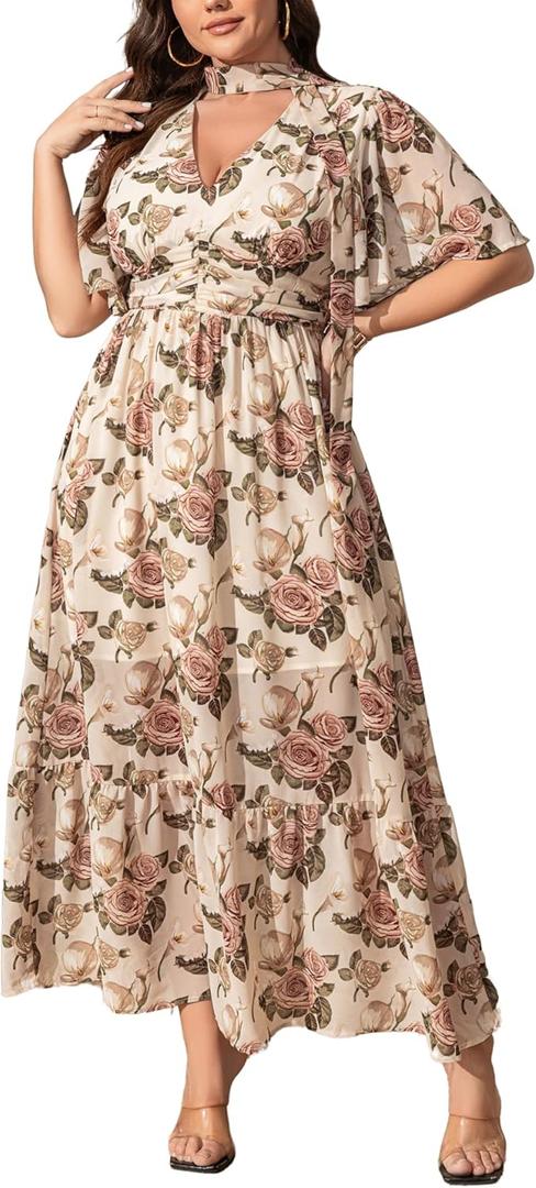 EYWOL Plus Size Wedding Guest Dresses for Women Floral Chiffon Flowy V Neck Maxi Dress with Detachable Tie Smocked Back (Beige)