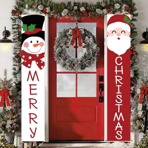 Ivenf Christmas 2pc Outdoor Yard Banner, Red White Santa Snowman, Merry Decorations, Sturdy Poles, Hanging, Front Porch, Home, Indoor Outdoor, Garage Door, 71x13 inches