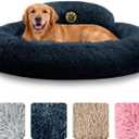 PetJett Dog Beds Large Sized Dog - 36'' Calming Round Bed, Anti-Slip & Washable Super Soft Donut Bed, Fluffy Faux Fur Anti-Anxiety Premium Comfort Pet Bed, Fits Dogs up to 80 lbs - Dark Grey