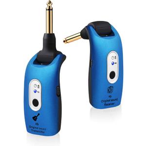 A9 Wireless Guitar System 2.4GHz Built-in Rechargeable Lithium Battery 270Rotatable Audio Wireless Transmitter Receiver for Acoustic Guitar Bass Violin Keyboard Electric Instruments, Blue