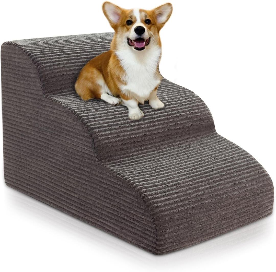 Curved Dog Stairs Ramp for Beds Couches and Chair, 15.7" H, 3-Step Dog Steps for Small Dogs, Pet Stairs for Cats with Non-Slip, Removable and Washable Cover,Balanced Pet Steps Indoor, Deep Grey