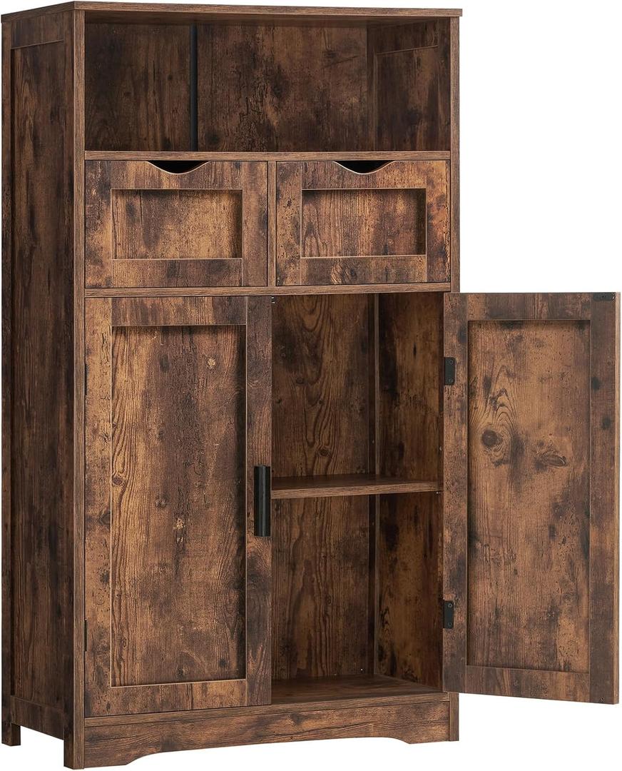 Iwell Storage Cabinet with 2 Drawers & Adjustable Shelves, Cupboard, Floor Cabinet for Living Room, Home Office, Rustic Brown