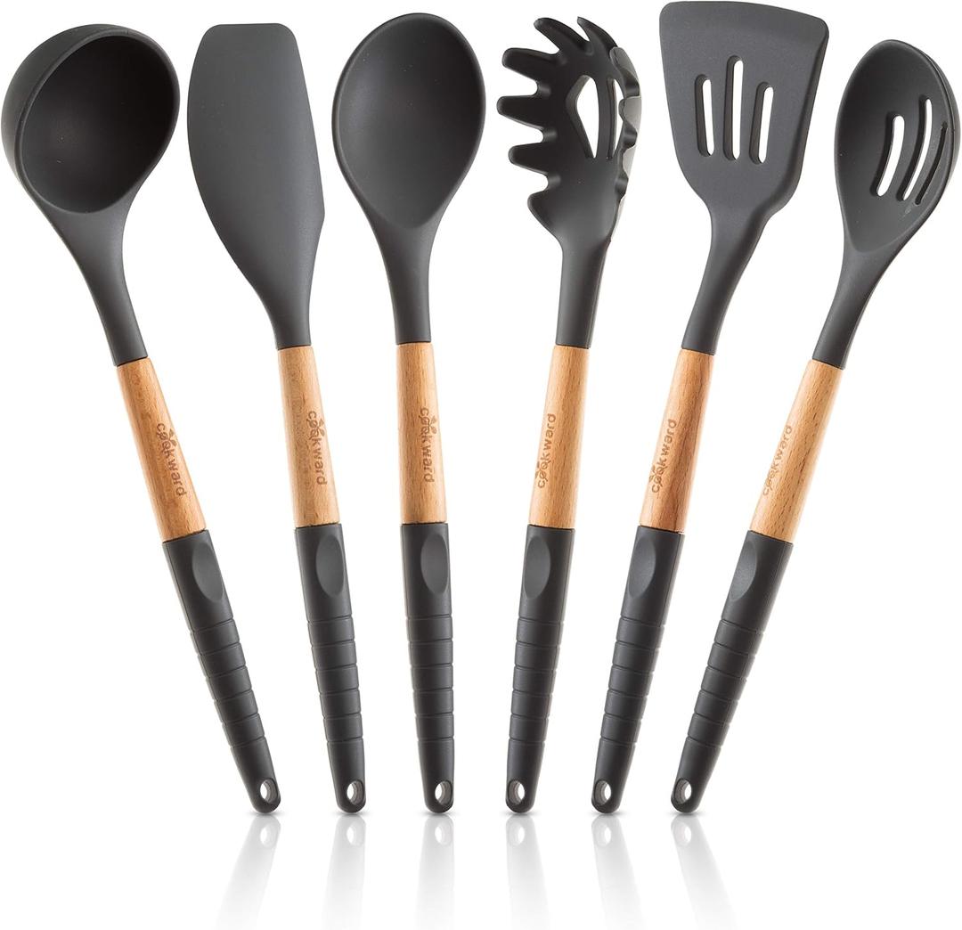 6 Pcs Cookward Silicone Cooking Utensils Set-Natural Wood Kitchen Utensils  Eco Friendly & BPA Free, Non-Scratch & Non-Stick Easy Grip -Dark gray
