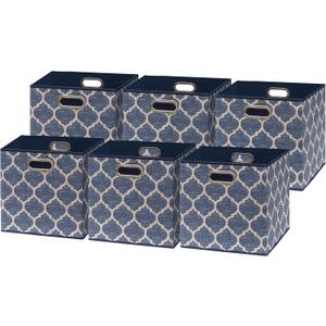 Simple Houseware 11-Inch Collapsible Fabric Cube Storage Bin with Handles, Printed Design, 6 Pack, Steel Blue