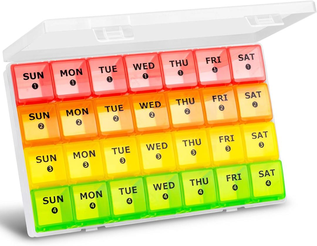Large Monthly Pill Organizer, XL 4 Weeks Pill Box,28 Day Pill Cases Organizerd by Week, Big Compartment Pill Container with Dust-Proof, for Pills/Vitamin/Fish Oil/Supplements, by Yaklim (ROYG) (Chroma)