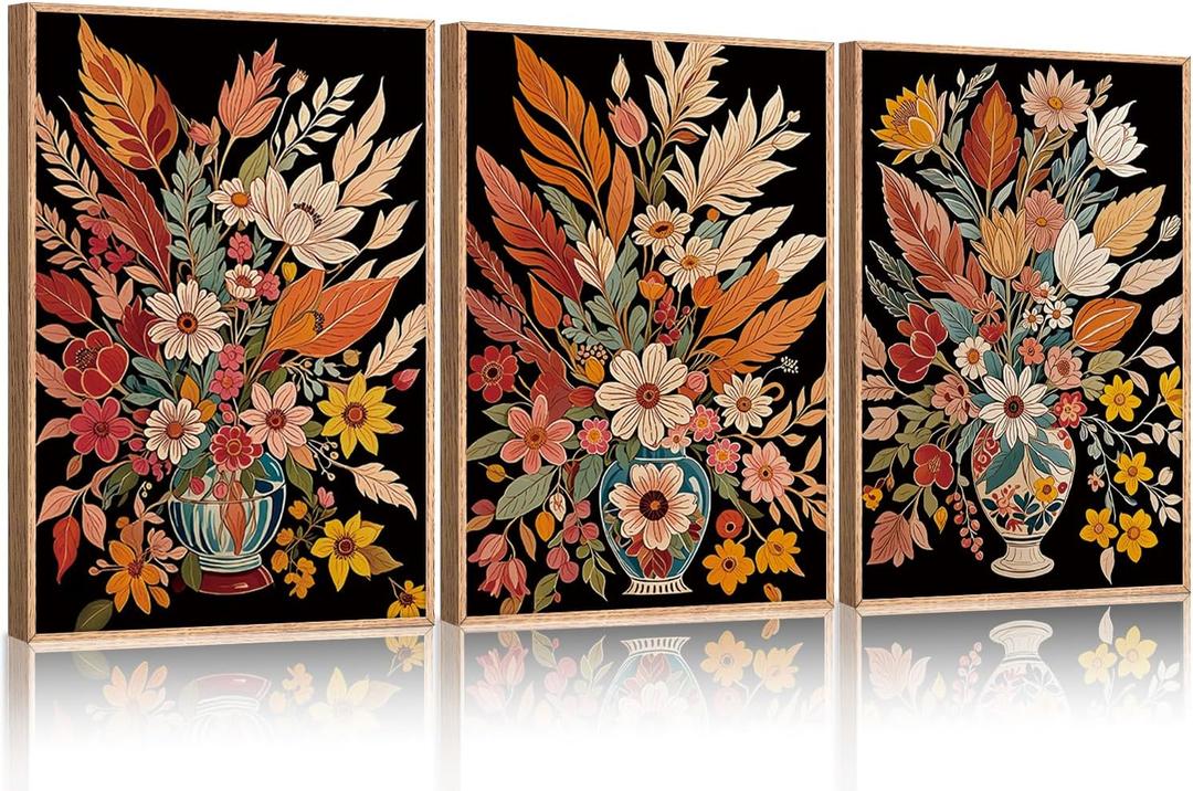 Ausril Large Mid-Century Floral Canvas Wall Art Set of 3-16x24 Inch Framed Vintage Flower Painting, Boho Botanical Print, Colorful Retro Blossom Decor for Living Room, Bedroom, Office