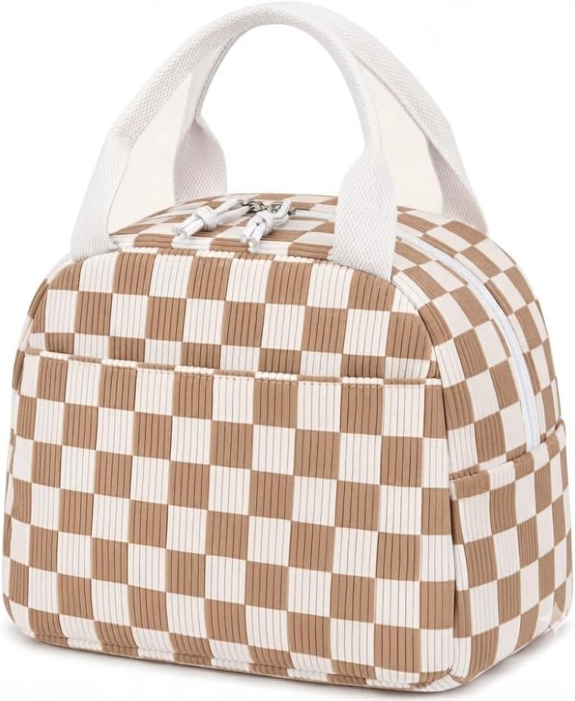 Corduroy Insulated Lunch Tote with Front Pocket for Women & Men Leakproof Reusable Meal & Food Bag, Large Capacity for Office, Picnic & Travel Checkered Brown