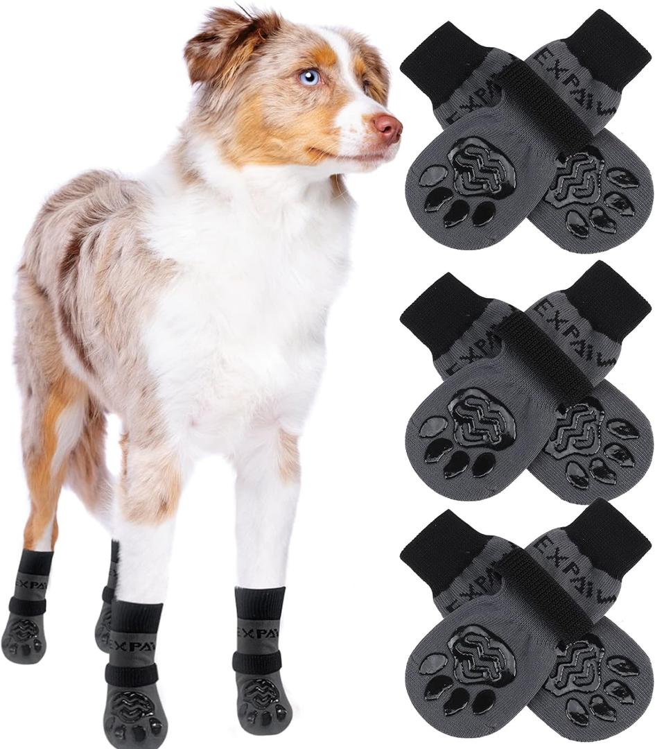 EXPAWLORER 6PCS Anti-Slip Dog Socks to Prevent Licking Paws,Dog Shoes for Hot Pavement,Best Paw Protector Traction Control on Hardwood Floor,Dog Booties for Puppy Small Medium Large Senior Dogs (Black and Grey)