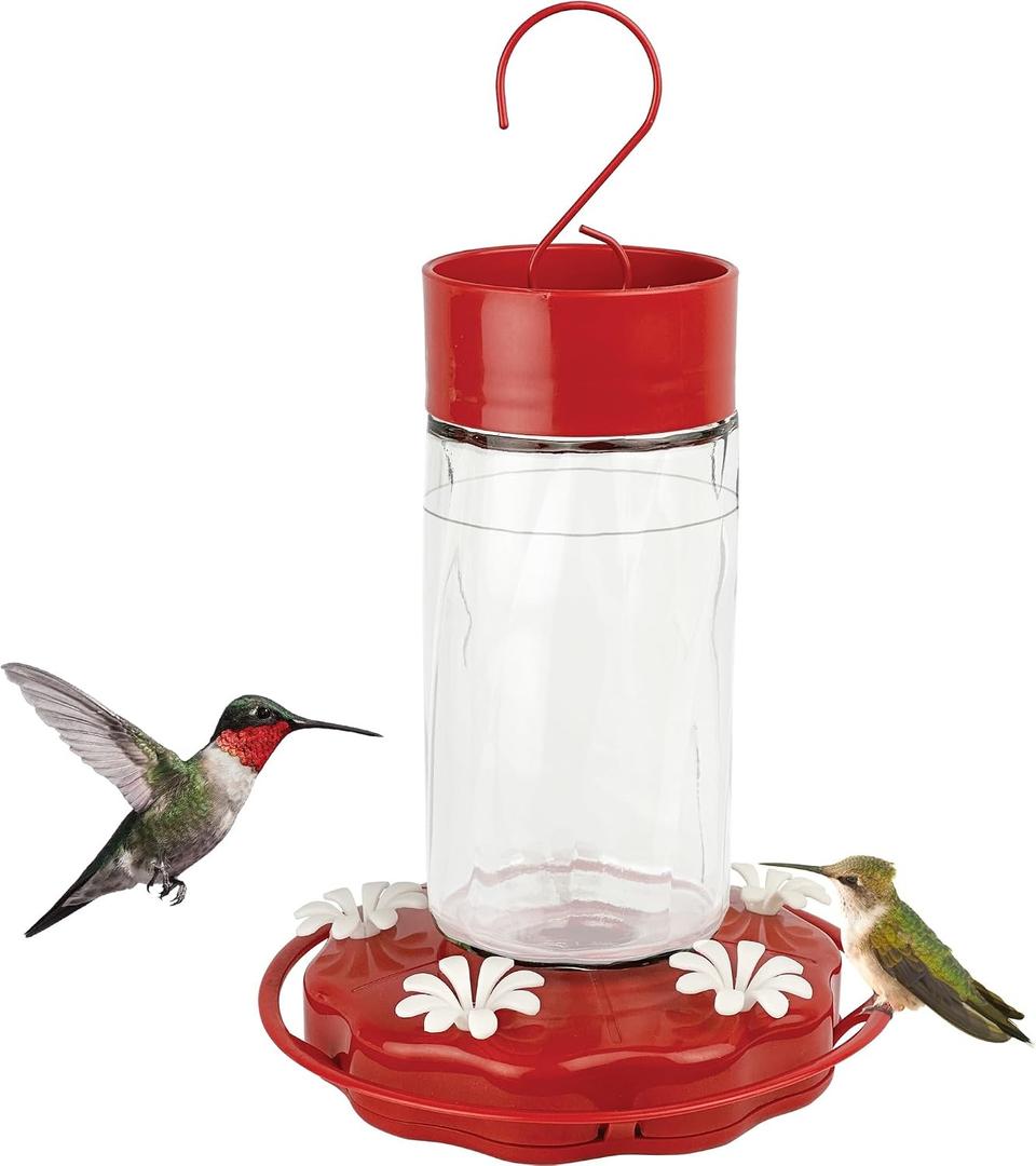 Nature's Way Hanging Glass Hummingbird Feeder for Outdoor Dcor, 20 Ounce Capacity Nectar Feeder, Ant Moat, 5 Easy to Clean Flexible Ports, Red