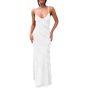 HOCILLE Women's Sexy V Neck Backless Bodycon Spaghetti Strap Elegant Ruffle Maxi Cocktail Party Dresses, XS