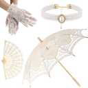 4 Pcs 32'' White Vintage Lace Parasol Umbrella Handheld Folding Fan Set Rhinestones Pearls Necklace Lace Gloves Set for Women Bride Wedding Tea Party Halloween Costume