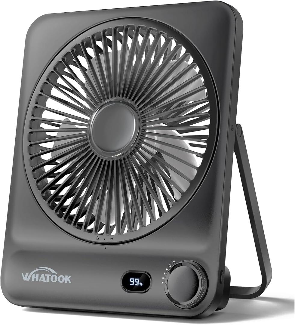 WHATOOK Large Travel Desk Fan: 10000mAh Battery 40 Hours Runtime Silent Rechargeable Fans, Quite Personal Portable Fan for Camping Bedroom Office Small Desktop fan (8.3 * 7.1inch Black)