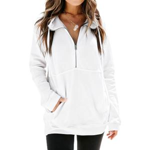 Ladmous Womens Casual Long Sleeve Half Zip Sweatshirt Lapel Drawstring Oversized Pullover Tops with PocketsS-2XL (White, XXL)