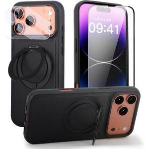 Case for iPhone 17 360 Rotating Stand, Upgraded PU Leather Military-Grade Shock-Resistant Full-Coverage Case with Rotating Stand-Black