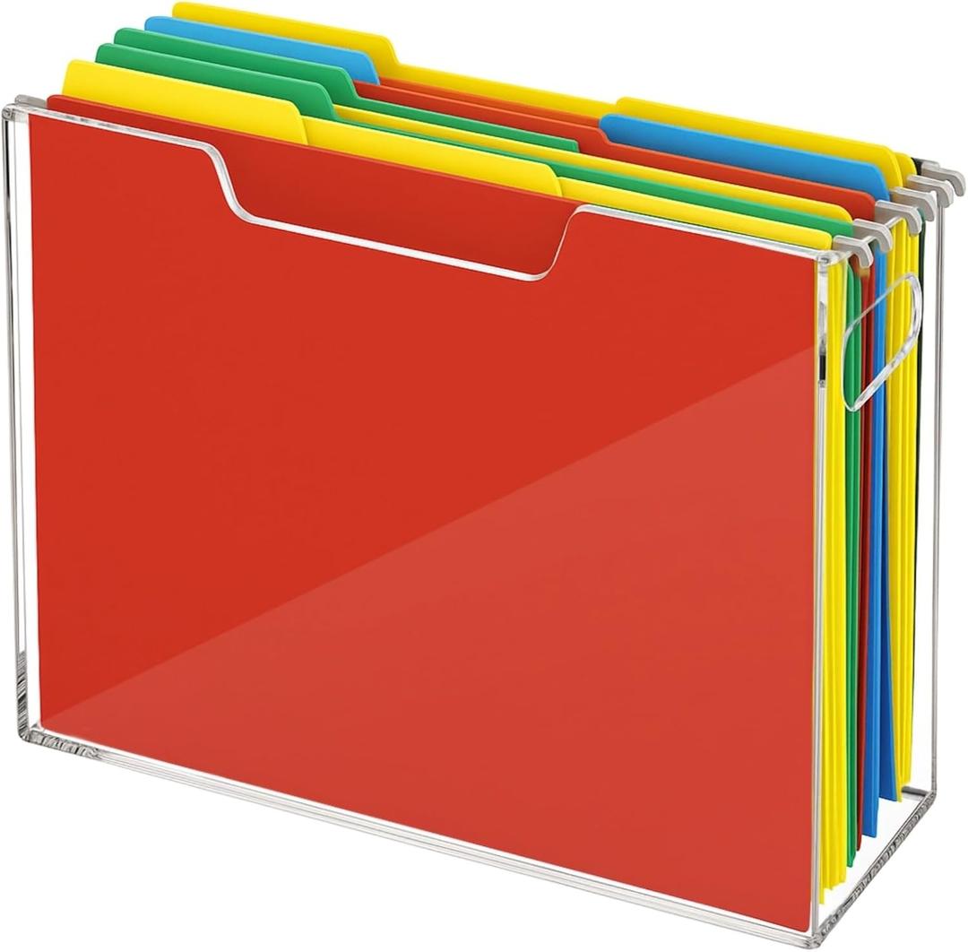 Acrylic File Folder Organizer, Clear Hanging File Organizer Box for Letter Size, Desktop File Holder with Handles, Slim Filing Storage Box for Desk Office Home Work, 12.2 x 9.4 x 3.5 in
