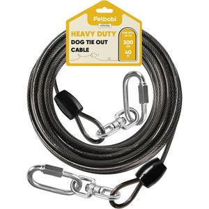Petbobi Heavy-Duty Dog Tie-Out Cable - 40FT Extra Strong Wire Cable for Large Pets Up to 300Lbs, Rust Proof Dogs Leash with Carabiners and 360 Swivel, Pet Leads for Yard Camping Outside, Black