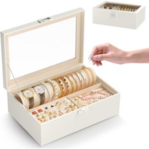 Jewelry Organizer Box with Clear Glass Lid, Bracelet Holder Jewelry Storage Case for Earrings, Rings, Bangles, Watches - PU Leather Jewelry Display Box Gifts for Women Girls, White