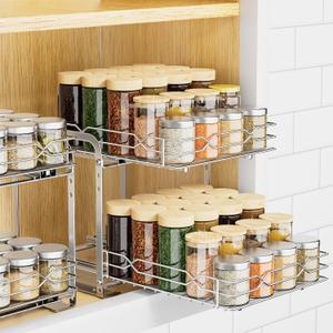 Pull Out Spice Rack Organizer for Inside Cabinet, 2 Tier Spice Rack Spice Organization for Cabinet 6 Height Adjustable, Seasoning Organizer, 9.2"W x 10.4"D x 9.8"H (Also for Cabinet with Lip)