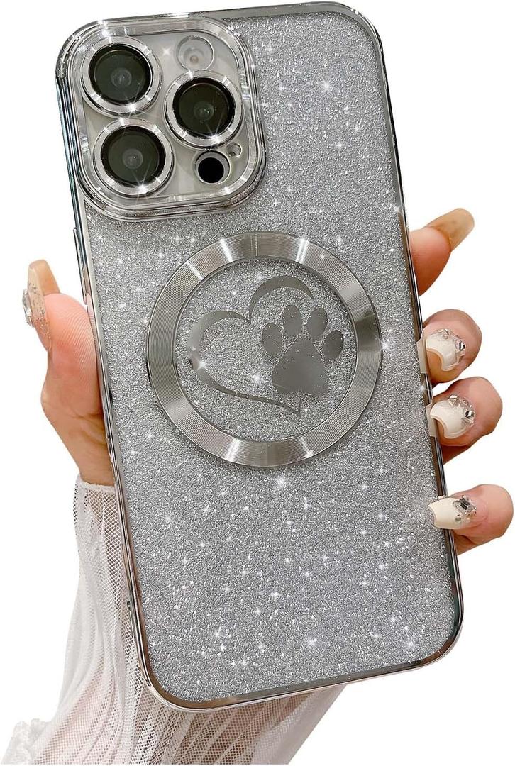 3 x Weonmov Compatible for iPhone 16 Pro Case Glitter Clear Paw Love Heart Compatible with MagSafe, Camera Lens Protection Soft Slim Thin Magnetic Bling Phone Case - Silver