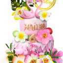 DRWATE Flamingo Cake Toppers Summer Cake Decorations with Flower Palm Leaf Cake Toppers for Tropical Hawaiian and Beach Themed Party Supplies (Style1)