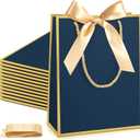Silkfly 12 Pcs Wedding Paper Gift Bags with Handle 9x7x3.15'' Thank You Gifts Bags with Ribbon Bow Bridal Shower Gifts for Baby Shower Graduation Holiday Birthday Party Supplies (Navy Blue,Gold)