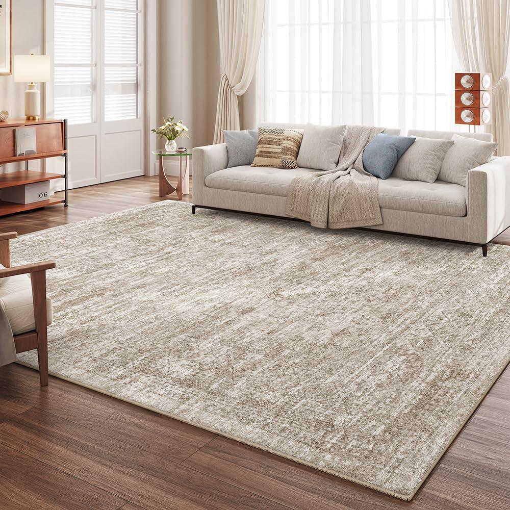 Area Rug 6x9 Washable Rug/Machine Washable Beige Vintage Traditional Floor Cover Foldable Thin Retro Style Indoor Distressed Non-Slip Carpet Bedroom Living Room Kitchen Office