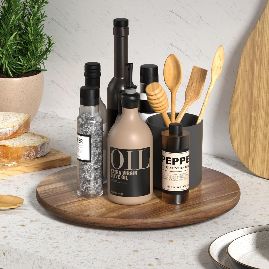 Lazy Susan for Table Top Bamboo Lazy Susan Turntable for Cabinet Kitchen Countertop Organizer for Condiment Bathroom Counter Organizer Decor Sink Tray Acacia Wood 13.2 Inch (Brown)