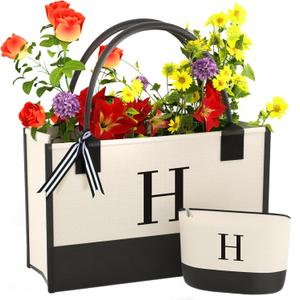 Monogrammed Canvas Tote Bag with Zipper Pockets - Ideal Gift for Mom, Teacher, Sister